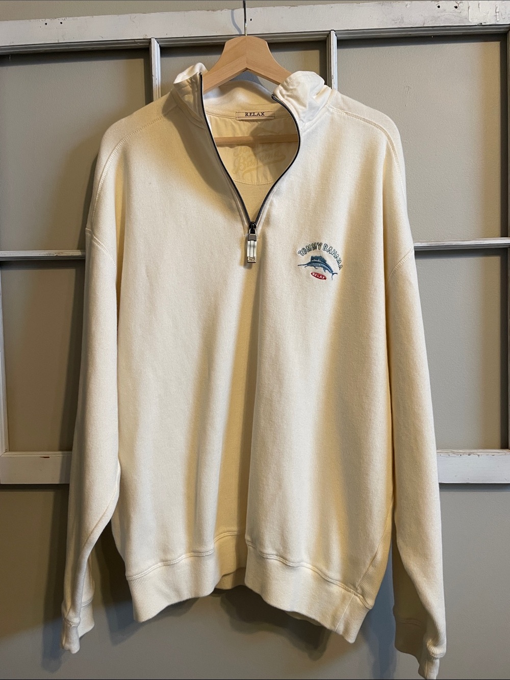 Tommy Bahama Cream Half-Zip Pullover with Embroidered Dolphin